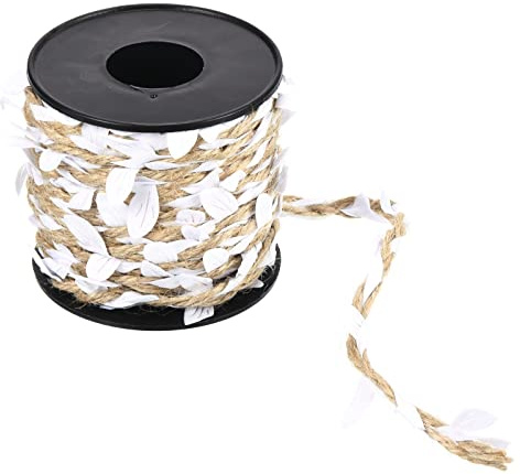 PATIKIL 33 Pies 5mm Arpillera Hoja Cinta, Trenza Decoración Vid Natural Yute Cuerda Cordel con Artificiales Hojas para Selva Boda Fiesta Hogar Jardín Decoración, Blanco