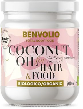 BENVOLIO - Olio di Cocco per Capelli Biologico Total Body Food | 200ml | per Capelli Ricci, Secchi o Crespi | Termoprotettore, Leave in Conditioner | Alimentare | Coconut Oil For Hair