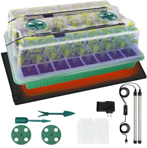 MQHUAYU Seed Starter Trays with Heating Mat, 40 Cell Seeding Starter Kit with Grow Light, Smart Timer, Germination Kit with Humidity Dome for Indoor Gardening, Seed Starting, Cloning Plants