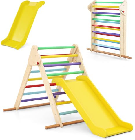 RELAX4LIFE Scala Triangolare da Arrampicata con Scivolo per Bambini, Palestrina per Bambini, Giocattoli da Arrampicata Pieghevoli, Scaletta in Legno Massello, Adatta a Bambini 3+ Anni (Colorato)