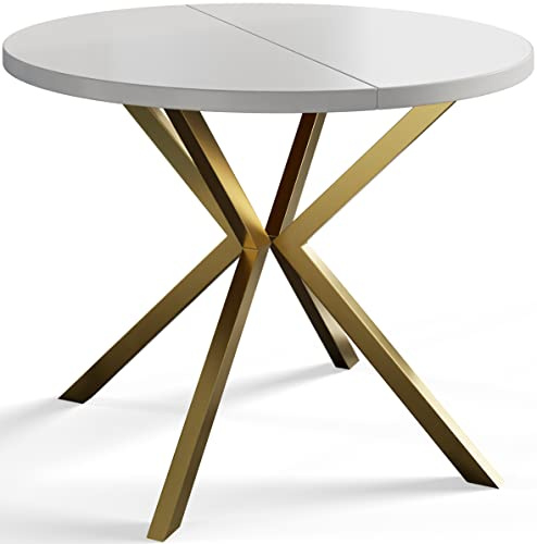 AlpiMeble Esszimmertisch Ausziehbarer 90-170cm, Weiß, Goldene Metallbeine | Runder Tish Loft Liten, Wohnzimmertisch, Küchentisch und Esszimmertisch