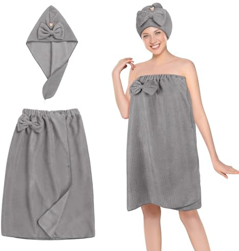 Oemmn 2 Stück Saunakilt Rom für Damen Mit Duschhaube - Premium Frottee Saunatuch, Ideale Passform für Ein Rutschfestes Sauna Erlebnis - Flauschig & Weich (Dunkelgrau)