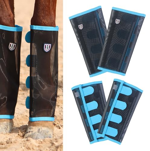 Harrison Howard Locker sitzende Fliegengamaschen für Pferde, atmungsaktiv, reißfest, feinmaschig, Beinschutz, Stay-on, bequeme Fliegenstiefel, 4er-Set, Himmelblau, Größe M