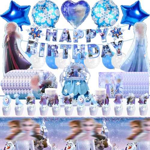 Snow Birthday Party Decorations, 83 PCS Dreamly Birthday Party Supplies Set Include Birthday Banner, Balloons, Cake Toppers, Cupcake Toppers, Tablecloth, Cups, Plates and Napkins
