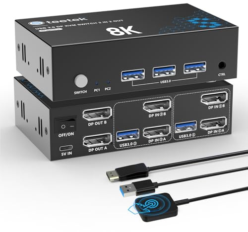 Conmutador KVM Displayport de 8 K @ 60 Hz 2 PC 2 monitores 4K @ 144 Hz USB 3.0 KVM Switches Dual Monitor DP1.4 para 2 PC/ordenador portátil, EDID Plug and Play con controlador de escritorio y 2 cables