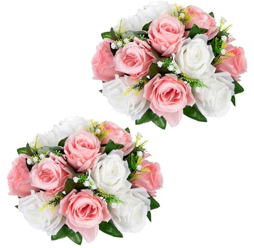 Oairse 2 Pcs Artificial Flower Ball with 15 Heads Silk Roses Flowers 22cm Pink White Fake Flower Ball Arrangement with Base Flowers Bouquets for Centrepieces for Wedding Party Valentine Decor