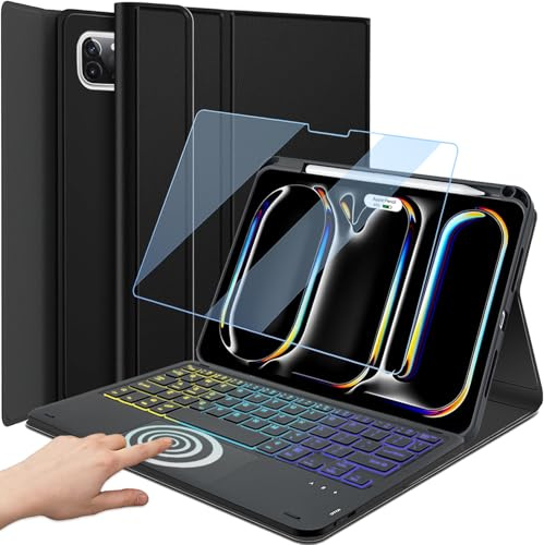 DKAHOEE Funda con teclado táctil retroiluminado para iPad Pro de 11 pulgadas (M4) 5ª generación 2024, teclado inalámbrico retroiluminado de 3 zonas con funda delgada con protector de pantalla para