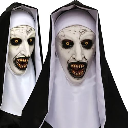 Aofonchy Halloween Nonne Maske, Gruselige Vollkopfmaske aus Latex, Realistische Nonne Maske für Kostümpartys & Requisiten