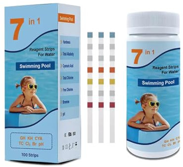 100 strisce reattive per piscine, 7 in 1 pH, strisce reattive per piscine, per test dell'acqua, per PH, cloro totale, cloro/bromo, alcalinità totale, nitrito, durezza acqua