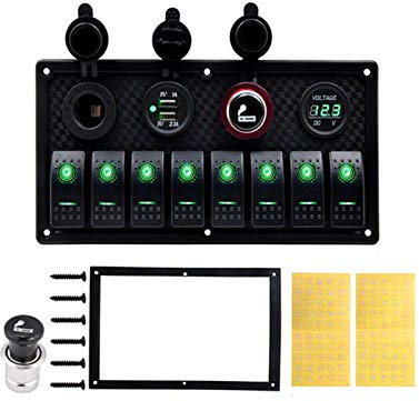 MUEOSI Panneau de Commande à Bascule 8 Gangs 24 V, for Voiture, Bateau, voltmètre, Prise Allume-Cigare, Double Charge USB, Interrupteur de Voiture Tableau électrique(8 Gang Green)