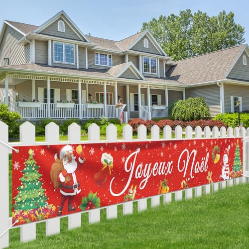 Bannière Joyeux Noël 270 * 35cm - Grande Décoration Suspendue Rouge Avec Père Noël, Cloche, Bonhomme de Neige, Arbre, Étoile, Cadeau - Pour Mur, Maison, Extérieur, Fête, Nouvel An