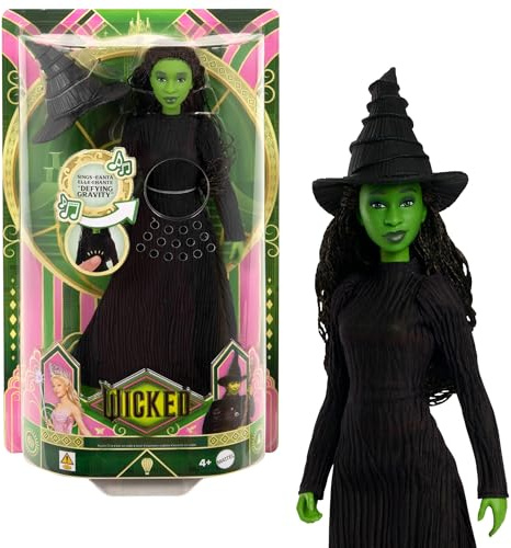 Mattel Sjungande Elphaba-modedocka från Wicked samt tillbehör, ställbar med filminspirerad stil och avtagbar outfit, sjunger ”Defying Gravity”, JLG48