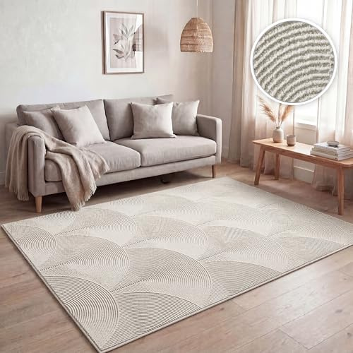 Paco Home Teppich Wohnzimmer Kurzflor, Moderne geometrische abstrakte Muster, 3D-Effekt, Regenbogen und Karo Design, glänzend luxuriös Ton in Ton, Farbe:Creme - Bogen, Grösse:160x220 cm