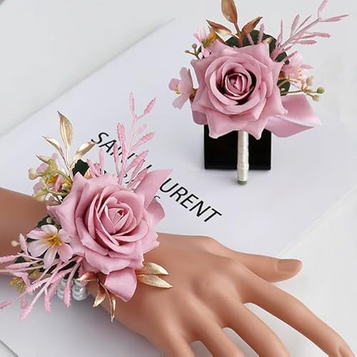 Ansteckblume für Hochzeit, Bräutigam, für Herren, für Braut, Brautjungfer, Handgelenk, Ansteckblume und Handgelenk, Set für Hochzeit, Party, Abschlussball, Heimkehr (Rosa)