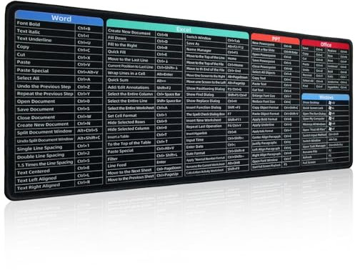 Keyboard Excel Shortcuts Mouse Mat 800x300 Large Mouse Pad with Stitched Edges Black Non-Slip Clear Printing Mousemat Multifunctional Gaming Mousepad for Home Office Computer PC Laptop Macbook