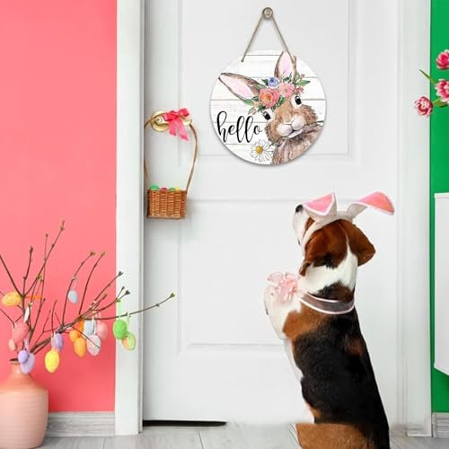 GreatRise Ostern Holz Türschild Osterhasen-Türdekoration Hase Holzschild zum Aufhängen, 20cm × 20cm Rund Hängend Haustürschild für Innen- und Außenbereich Zuhause Veranda Wand Deko #1 20 * 20 * 0.4CM