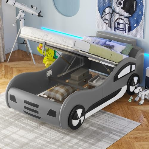 YuQozii Flachbett, 90 x 200cm, Bett mit Lattenrost (ohne Matratze), Modell Autobett, Autobett, Kinderbett, Kinderbett mit Unterbettstauraum (Grau)