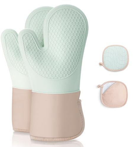 Romon Guanti da Forno, Set di 4 Guanti da Cucina 1 Coppia e 2 Presine da Cucina Silicone e Cotone, Resistenti Guantis da Barbecue Oven Gloves per Arrostire Cuocere Grigliare Cuocere al Forno, Verde