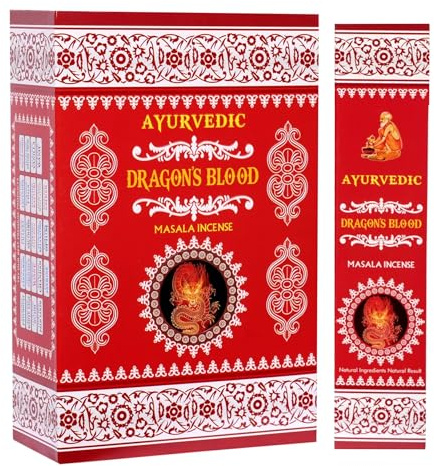 Bâtonnets d'encens ayurvédiques Dragon Blood Masala - 12 x 15 bâtonnets | Puissant nettoyant et Protecteur roulé à la Main, Naturel, aromatique | avec Kajal Sticker Floral et dévotionnel
