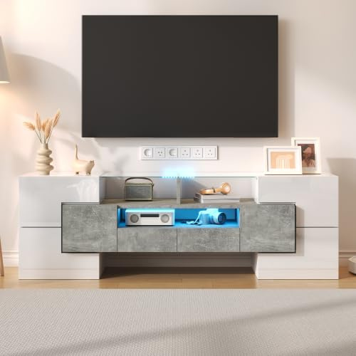 Armoire TV Elégante avec éclairage LED, Meuble TV Brillant, Moderne, Surface en Verre, Blanc et Gris, 145x30x51cm
