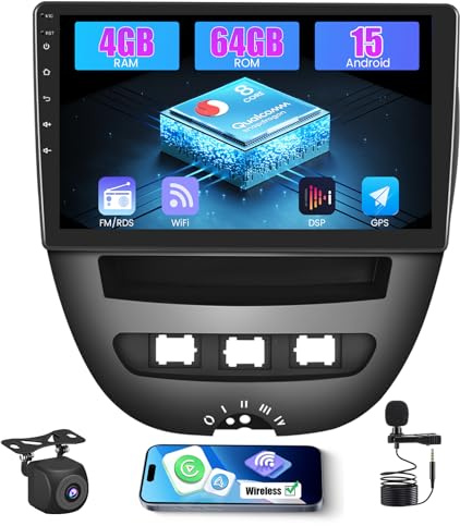 Inefala 8 Core Qualcomm Android 15 4 64G Radio Pantalla för Toyota Aygo/Peugeot 107 / Citroen C1 2005-2014 med trådlös Carplay och Android Auto, 10 tums skärm med Mirror Link Radio FM/RDS GPS WIFI