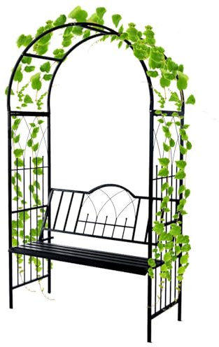 QYANPEN Arche de Jardin en métal avec Banc, pergola en Acier pour vignes et Plantes grimpantes, Arche à rosiers de 210 cm de Hauteur avec Banc pour 2 Personnes, siège de Jardin extérieur (Noir)