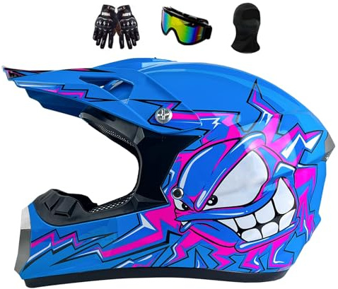 Youth Motocross Offroad Street Dirt Bike Helmet For Kids 7-14, Motorcycle Full Face Mountain BMX MX ATV, With Adjustable Sun Visor, Includes Gloves Goggles Mask(Blue,S(52-53CM))