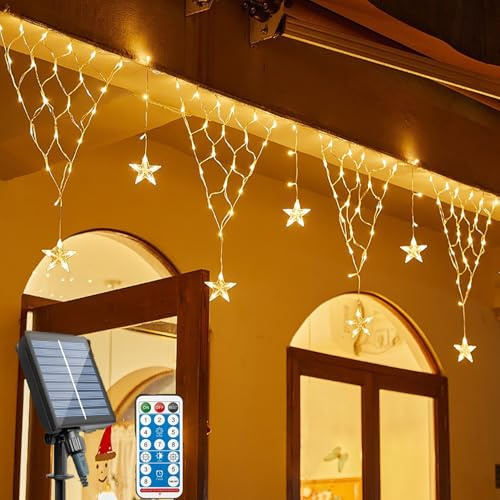 SUAVER Solar Lichterkette Aussen 4m 196LED Lichternetz Mit Fernbedienung Wasserdicht Hängen Lichtervorhang Dekorations Patio Licht Weihnachten beleuchtung für Garten Terrasse Hochzeit (Warmweiß)