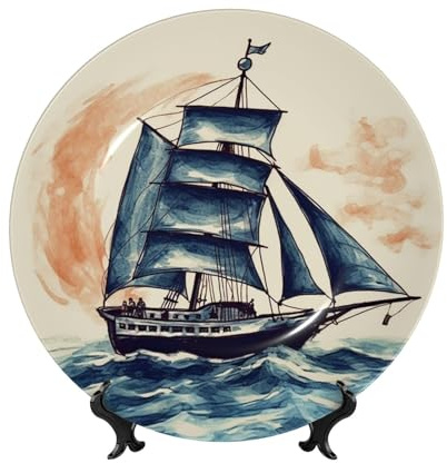 AQRJKHD Piatto decorativo in porcellana Bone China da 17,8 cm con barca a vela nautica piatti piani in ceramica con espositore ornamenti in ceramica piatto in porcellana artistica per casa ufficio