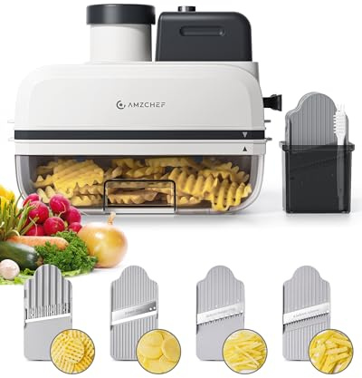 AMZCHEF Cortador de Verduras Eléctrico 5 en 1, Mandolina Eléctrica y Robot de Cocina, Cortador de Patatas Waffle, Cuchillas de Acero Inoxidable, Boca Ancha, Apto para Lavavajillas, Fácil de Limpiar
