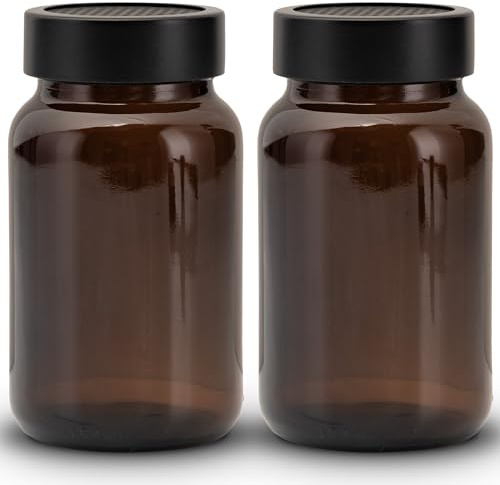 Koffs Design Spargitore per cacao e zucchero a velo in vetro ambrato con inserto in acciaio inox, dosatore di cacao, cannella e zucchero a velo, 150 ml, spargitore in polvere bianco, 2 pezzi