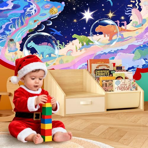JOYCOPY Kid Bookcase with Drawer - Book Nook for Kids Book Shelf Bench,Corner Bookshelf for Toddlers Storage Organizer for Bedroom Nursery