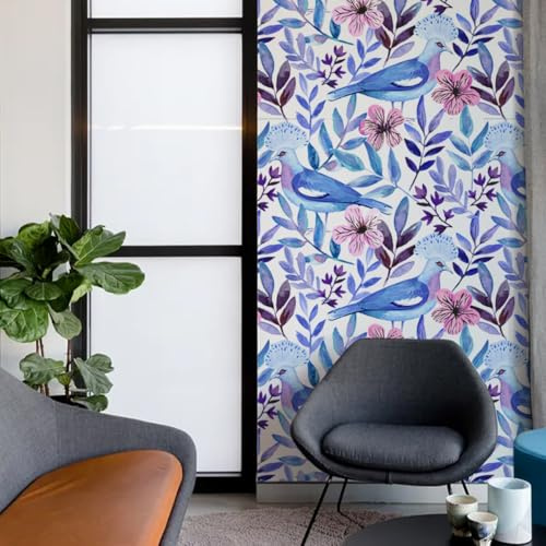 LBHSWWX Carta da parati ad acquerello, motivo floreale con uccelli, 45 x 300 cm, blu e rosa