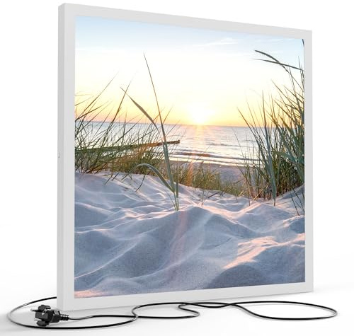 DEQORI LED-Wandbild Ostsee Sonnenuntergang | Größe 60x60 cm | moderne Decken- & Wandleuchte mit hochwertigem Motivdruck auf PVC – stilvoll für Büro, Flur & Wohnräume – Farbe: Weiß