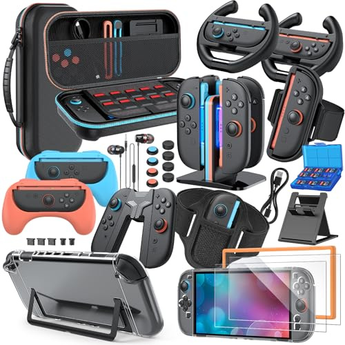 30 en 1 Ensemble D'accessoires pour Nintendo Switch 2: Etui de Transport | Socle de Recharge pour Manette, Poignée, Volants, Dragonne, Sangle pour Jambe, Coque de Protection pour Switch 2 Console