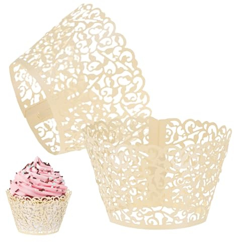 M METERXITY 50-Pack Cupcake Wrappers, Vine Decoration Standard Baking Cups for Wedding/Birthday Party/Bakeries/Cafes Cake Decoration, Bake Cake Paper[Beige]