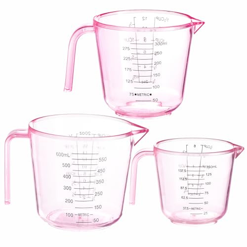 Cute Pink Plastic Measuring Cup - 3 Pack, Home Kitchen Cooking and Baking Seasoning Liquid Measuring Cups, Multiple Scale Identification, with Handle and Triangle Mouth (150ml, 300ml, 600ml)