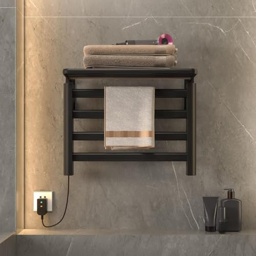 ZREVSB Electric Towel Radiator, Heated Rail with Intelligent Constant Temperature 55°C, Carbon Fiber Heating, Bathroom Dryer Shelf, 550x400mm (Black Left)