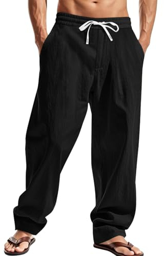 ZARLAN Men's Cotton Linen Pants Breathable Casual Summer Beach Elastic Drawstring Lightweight Sweatpants Black L