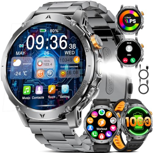 1000 mAh Smartwatch Uomo,1.7 Smart Watch Militare con Torcia LED,110+ Modalità Sportive,IP68 Impermeabile,Chiamata Bluetooth,Frequenza Cardiaca, Android iOS,3 Braccialetti,2 Caricabatterie,EF24-F