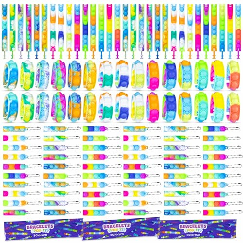 BONNYCO Pop It Armband och Nyckelringar 60-Pack Barn. Små Presenter till Kalas, Fidgetleksaker. Pinatagåvor, Färdiga Gåvor till Barn, Klassrumspriser och Födelsedagar