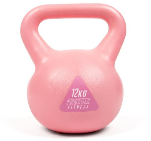 Phoenix Fitness Vinyl Kettlebell - Heavy Weight Kettle Bell for Home Gym Workout Equipment Strength Fitness Pilates Weight Training - Pink 12kg