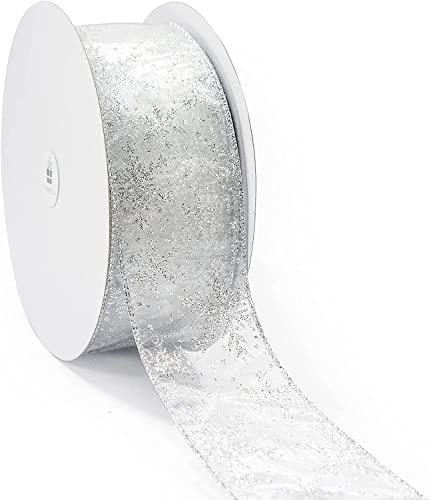 LATERN 20M Organzaband, 6,3cm Breite Schneeflocke verdrahtet schiere Glitzerband Schimmerband Metallische Bänder Handwerk Tüllband für Geschenkverpackung Kranz Weihnachtsschleife Dekoration (Silber)