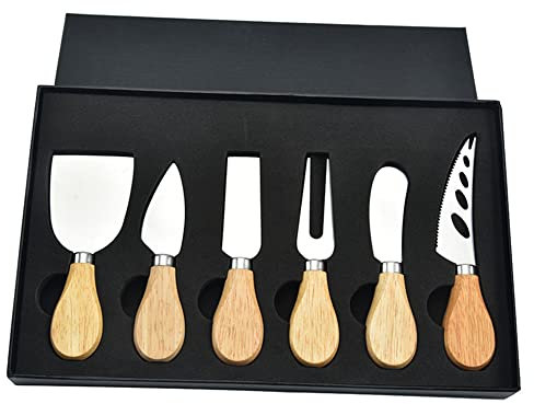 Lin's Wood Cheese Knives Gift Set of 6,Stainless Steel Cheese Slicer Cheese Cutter Collection with Gifted Box. (Oak Handle)