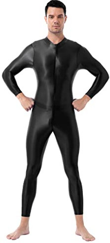 Kaerm Herren Ganzkörperanzug Öl Glänzend Unterwäsche Langarm Overall Jumpsuit Schlafanzug Thermounterwäsche Set Zentai Kostüm Mit Reißverschluss Schwarz One Size