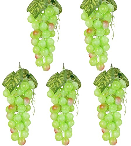 Bairdish 5pcs Green Simulation Grapes Bunches Lifelike Artificial Grapes Fake Grape Bundle for Vines Decoration Wine Kitchen Garland Decor Faux Fruit Props(36grains 7 Inches Long)