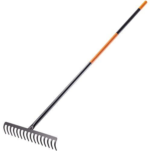 KADAX Rechen, Gartenharke aus Metall, breite Harke mit 154,5 cm langem Metallstiel, Gartengerät zum Jäten, düngen, Gartenrechen für Rasen und Blätter (Rechteckig 16 Zinken)