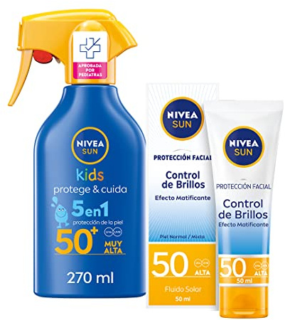 NIVEA SUN Protección Facial UV Control de Brillos FP50 (1 x 50 ml) + NIVEA SUN Spray Solar Niños Protege & juega FP50 (1 x 270 ml)