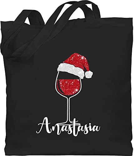 Baumwolltasche - Weihnachten Geschenke Christmas - Weinglas mit Weihnachtsmütze in Glitzeroptik und Name - Unisize - Schwarz - personalisierte jutetasche weihnachts glitzer stoffbeutel weihnacht