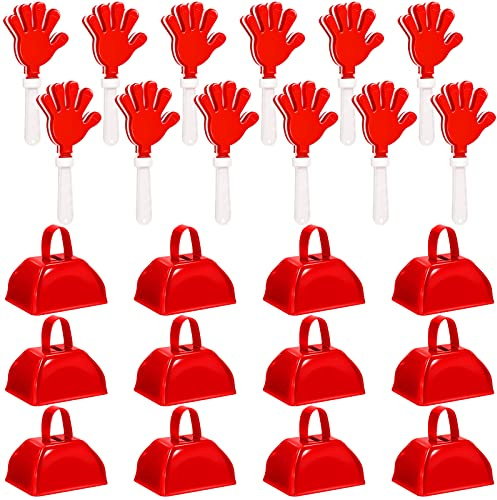 24 Pcs Cheer Cheerleader Cheerleading Items with Metal Cowbells and Hand Clappers Cheering Noise Maker for Soccer Football Basketball Game Sports Events Team Spirit Week Ball Dance Party Favors(Red)